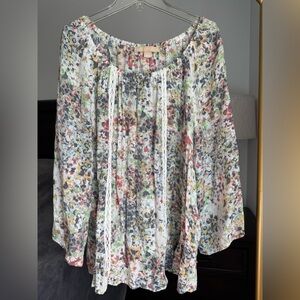 Hope & Harlow Flowy White Watercolor Floral Boho Peasant Top - Large